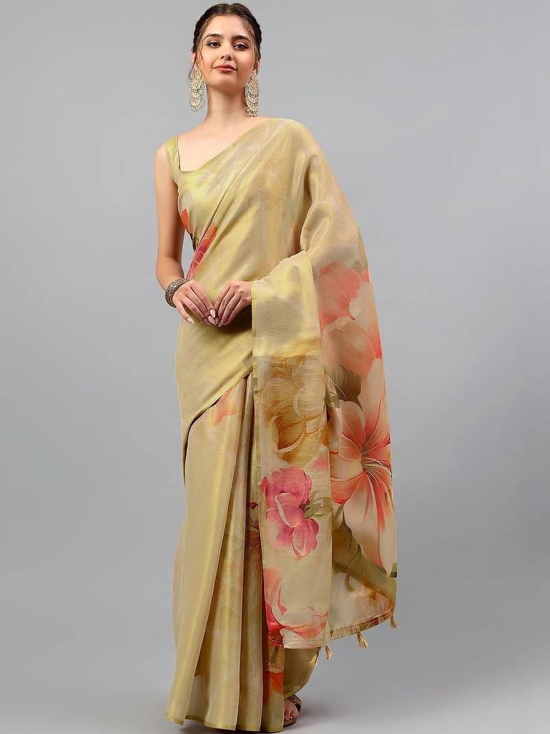 Gold tussar printed saree with blouse