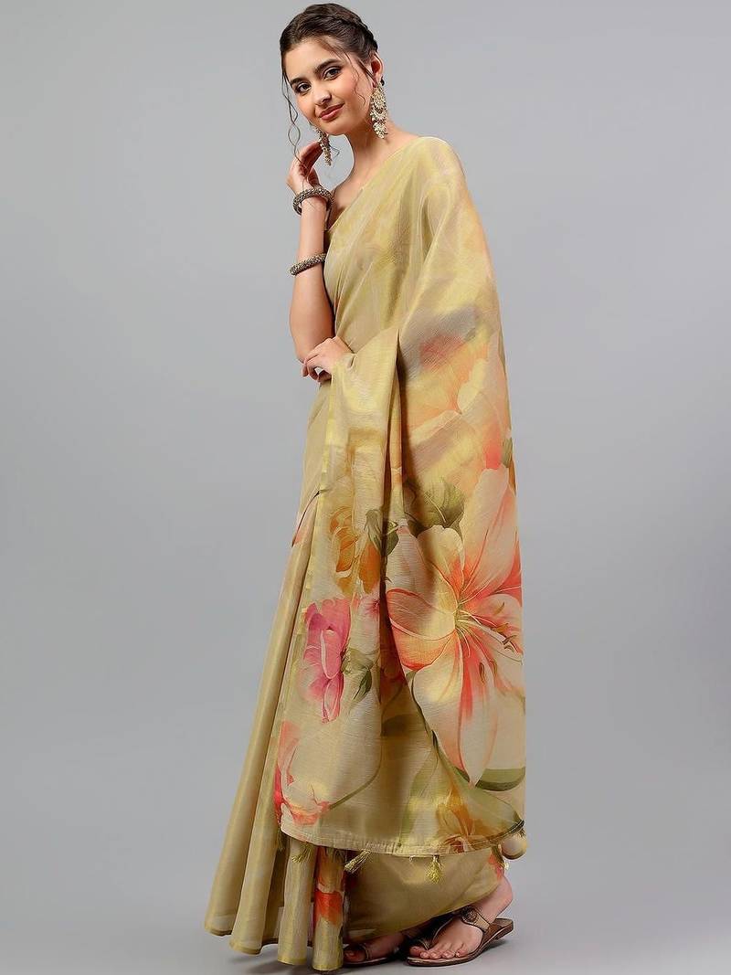 Gold tussar printed saree with blouse