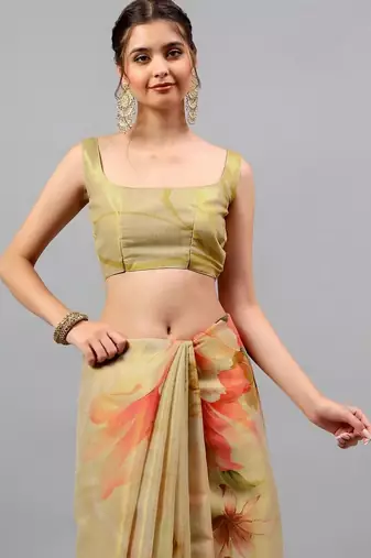 Gold tussar printed saree with blouse