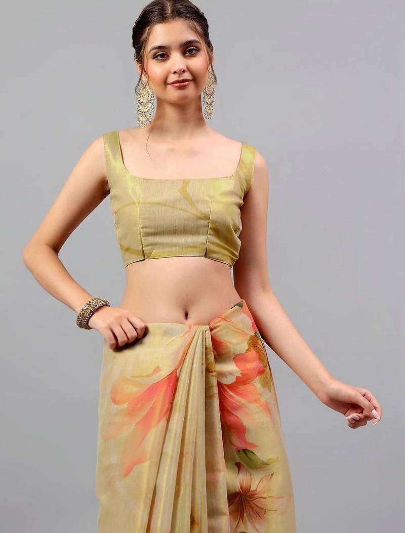 Gold tussar printed saree with blouse