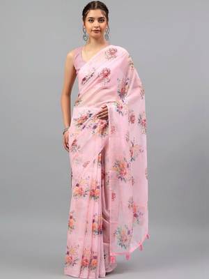 Pink chiffon printed saree with blouse 1