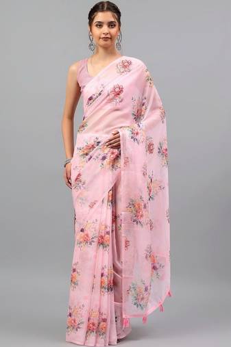 Pink chiffon printed saree with blouse