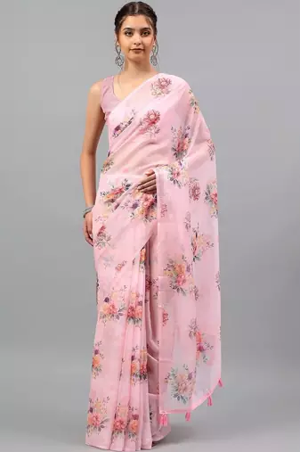 Pink chiffon printed saree with blouse