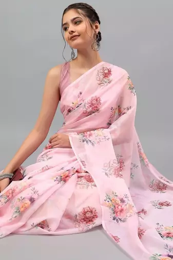 Pink chiffon printed saree with blouse