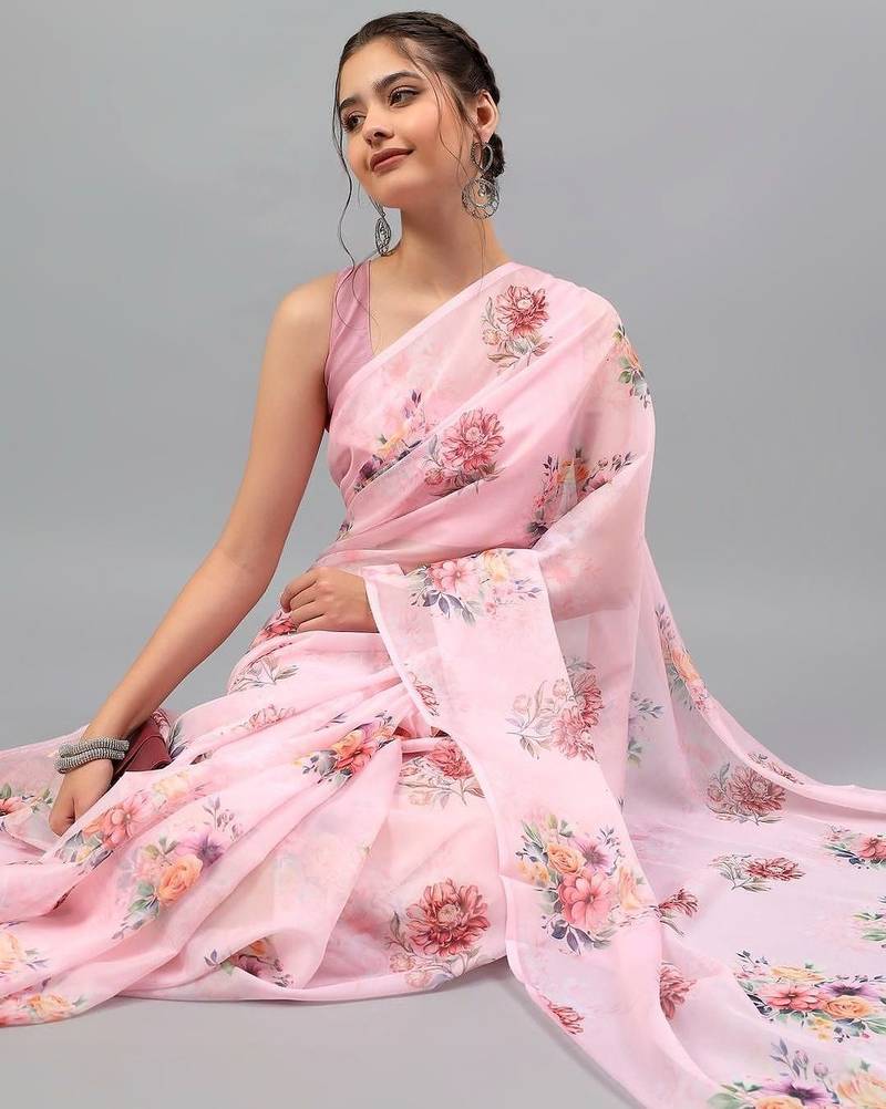 Pink chiffon printed saree with blouse
