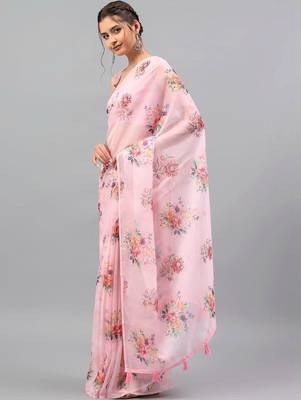 Pink chiffon printed saree with blouse 3