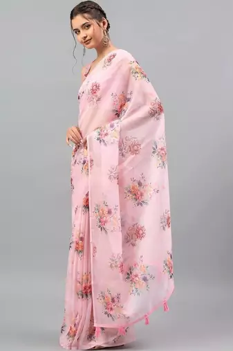 Pink chiffon printed saree with blouse