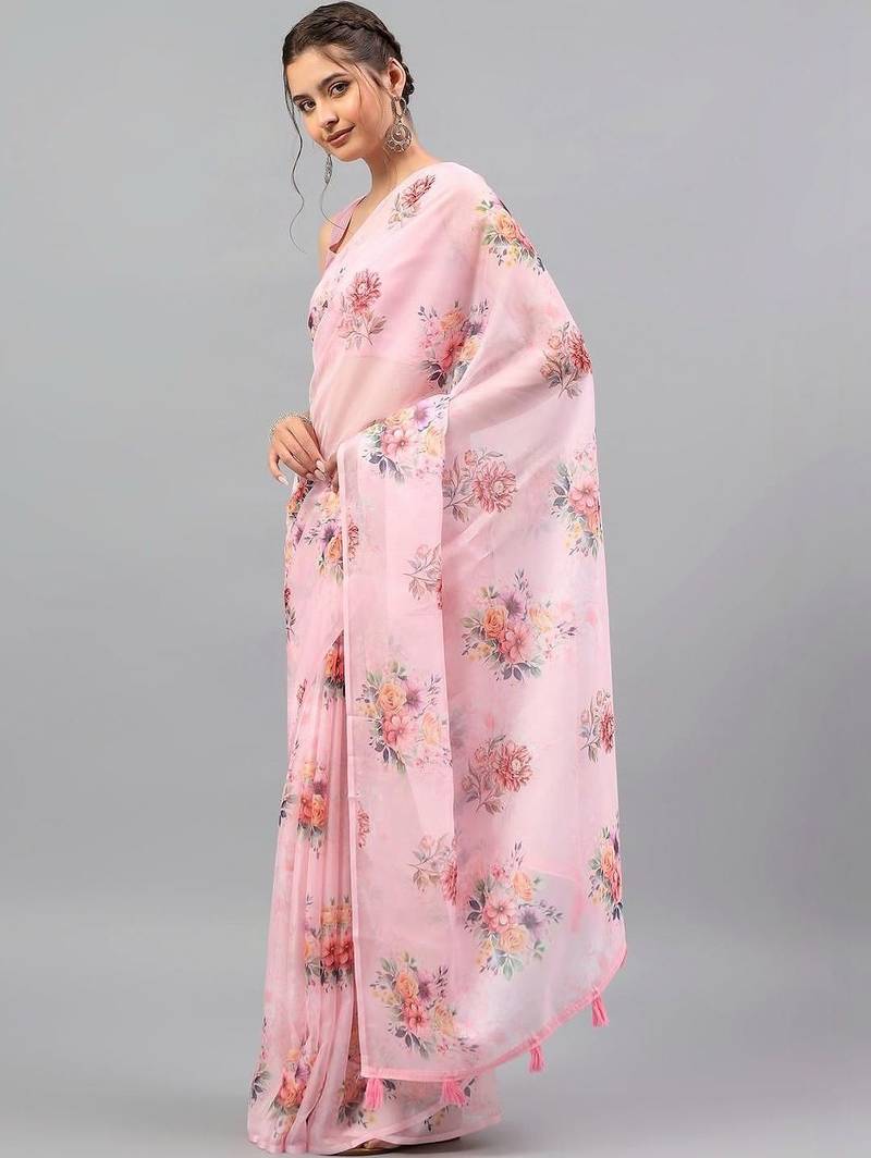 Pink chiffon printed saree with blouse