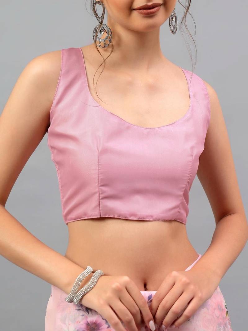 Pink chiffon printed saree with blouse