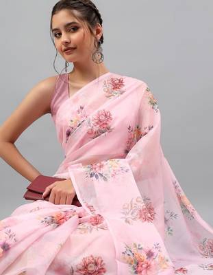 Pink chiffon printed saree with blouse 5