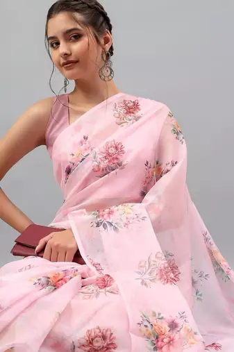 Pink chiffon printed saree with blouse