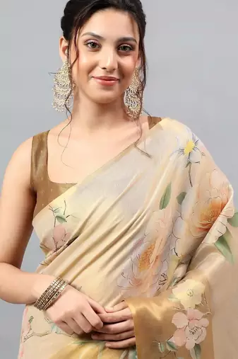Beige tussar printed saree with blouse