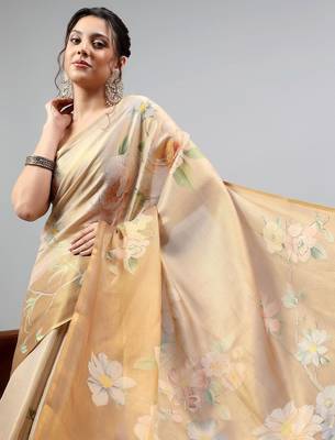 Beige tussar printed saree with blouse 2