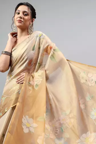 Beige tussar printed saree with blouse