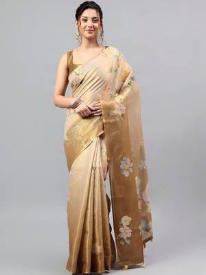 Beige tussar printed saree with blouse 3