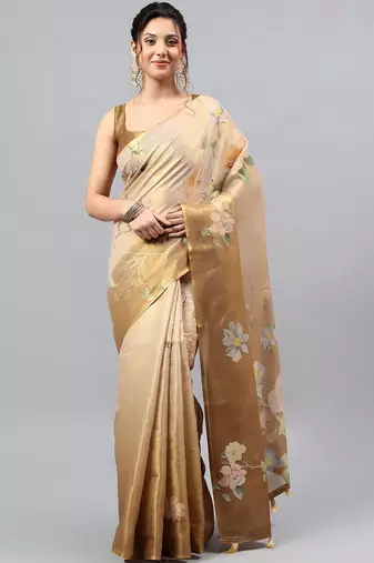 Beige tussar printed saree with blouse