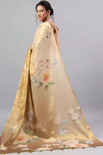 Beige tussar printed saree with blouse