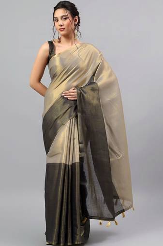 Grey tussar colourblocked saree with blouse