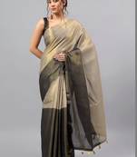 Grey tussar colourblocked saree with blouse