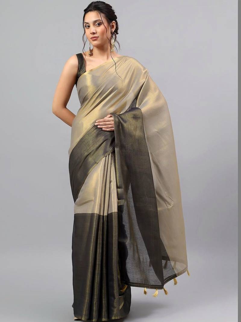 Grey tussar colourblocked saree with blouse