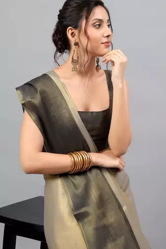 Grey tussar colourblocked saree with blouse