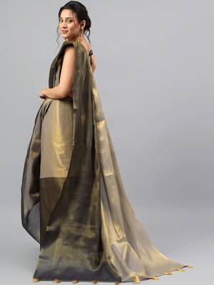 Grey tussar colourblocked saree with blouse 3