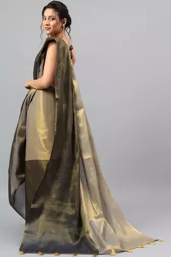 Grey tussar colourblocked saree with blouse
