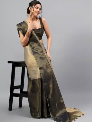 Grey tussar colourblocked saree with blouse 4