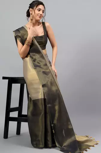Grey tussar colourblocked saree with blouse