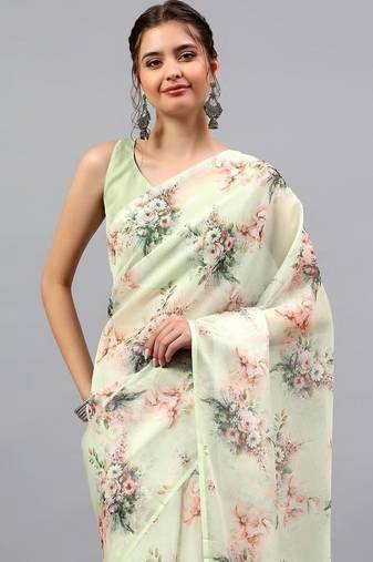 Off white chiffon printed saree with blouse