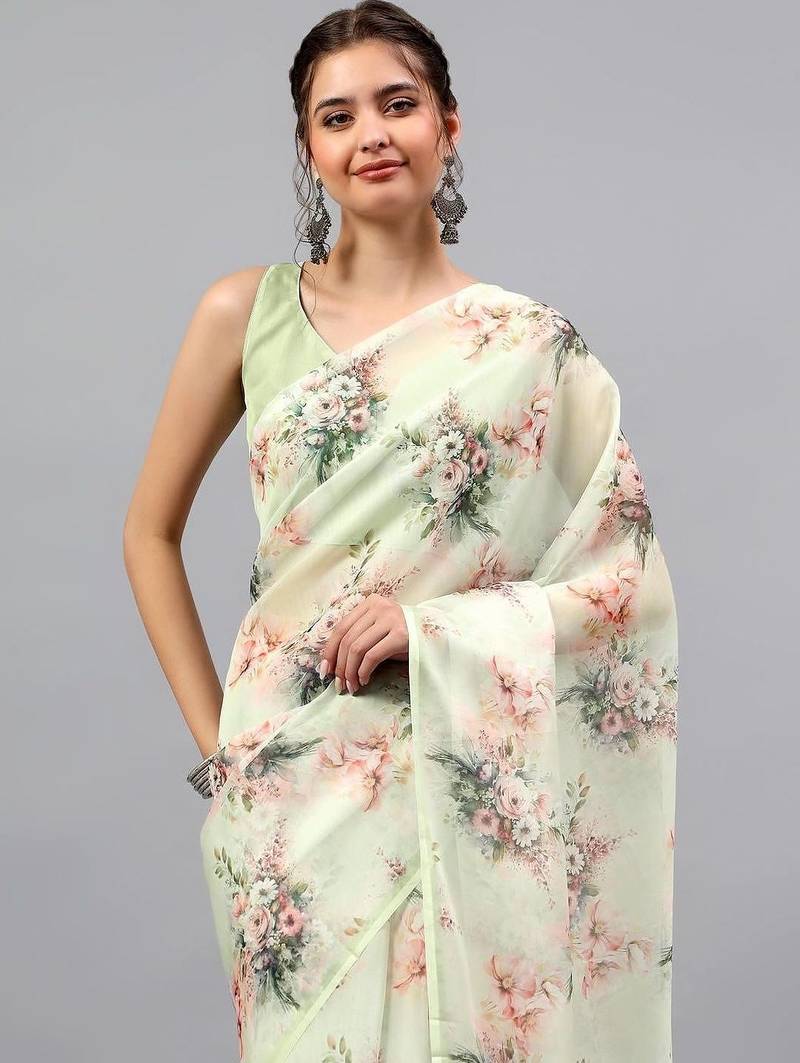 Off white chiffon printed saree with blouse