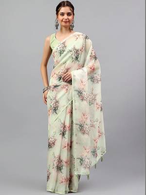 Off white chiffon printed saree with blouse 2