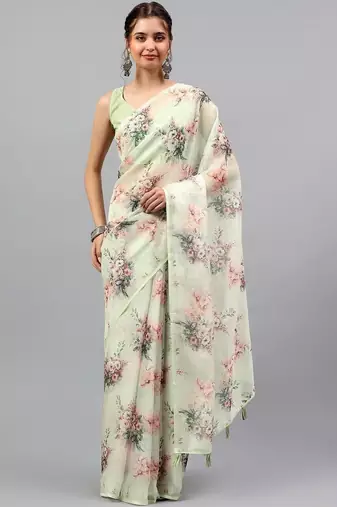 Off white chiffon printed saree with blouse