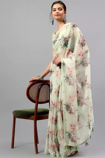 Off white chiffon printed saree with blouse