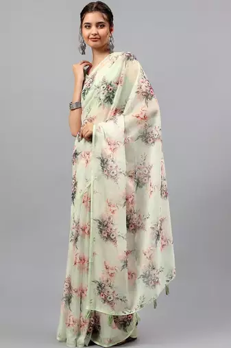 Off white chiffon printed saree with blouse