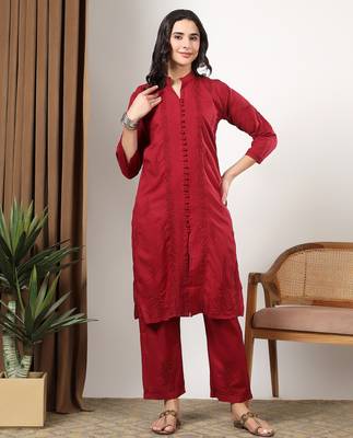 Women red floral embroidered lucknowi chikankari mandarin collar cotton kurta & palazzo sets 1