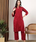 Women red floral embroidered lucknowi chikankari mandarin collar cotton kurta & palazzo sets