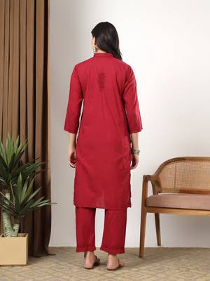 Women red floral embroidered lucknowi chikankari mandarin collar cotton kurta & palazzo sets 2