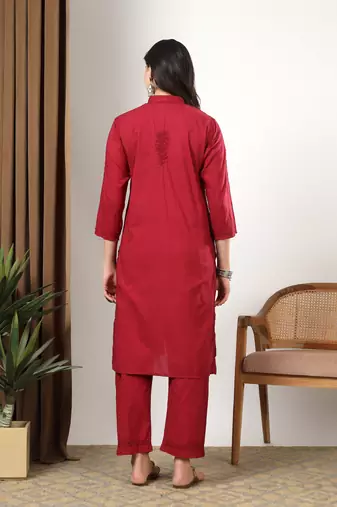 Women red floral embroidered lucknowi chikankari mandarin collar cotton kurta & palazzo sets