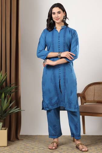 Women blue floral embroidered lucknowi chikankari mandarin collar cotton kurta & palazzo sets