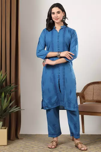 Women blue floral embroidered lucknowi chikankari mandarin collar cotton kurta & palazzo sets