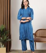 Women blue floral embroidered lucknowi chikankari mandarin collar cotton kurta & palazzo sets