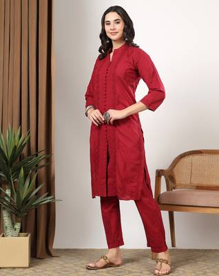 Women red floral embroidered lucknowi chikankari mandarin collar cotton kurta & palazzo sets 3