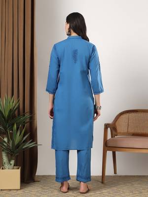 Women blue floral embroidered lucknowi chikankari mandarin collar cotton kurta & palazzo sets 2