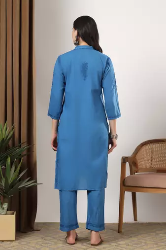 Women blue floral embroidered lucknowi chikankari mandarin collar cotton kurta & palazzo sets