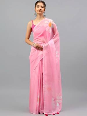 Pink chiffon printed saree with blouse 1