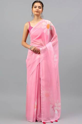 Pink chiffon printed saree with blouse