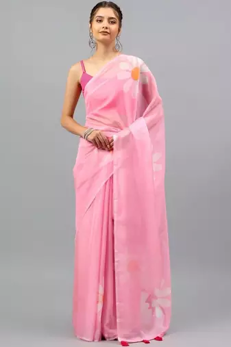 Pink chiffon printed saree with blouse