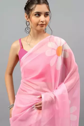 Pink chiffon printed saree with blouse