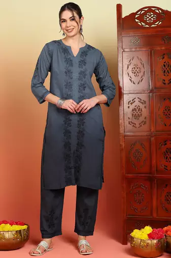 Women grey ethnic motifs embroidered chikankari ombre cotton kurta & palazzo set
